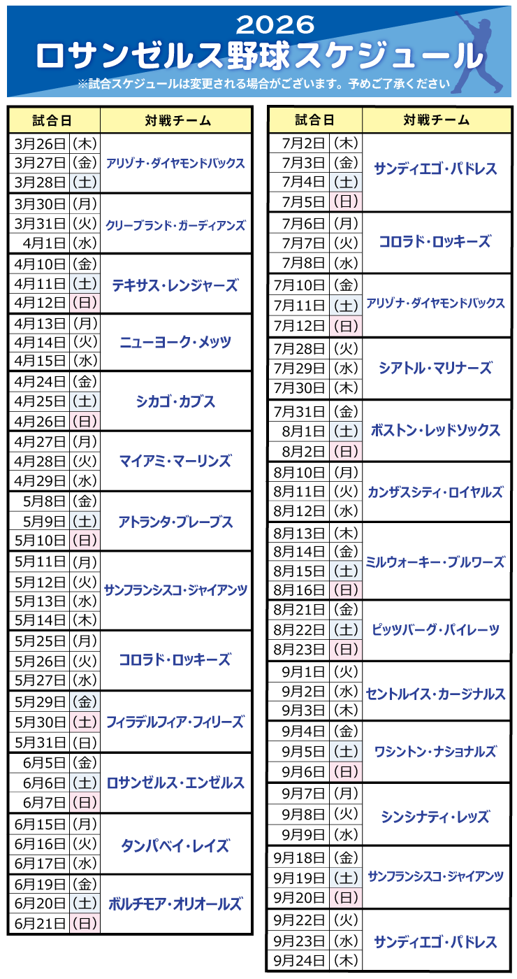 ロサンゼルス野球スケジュール2026